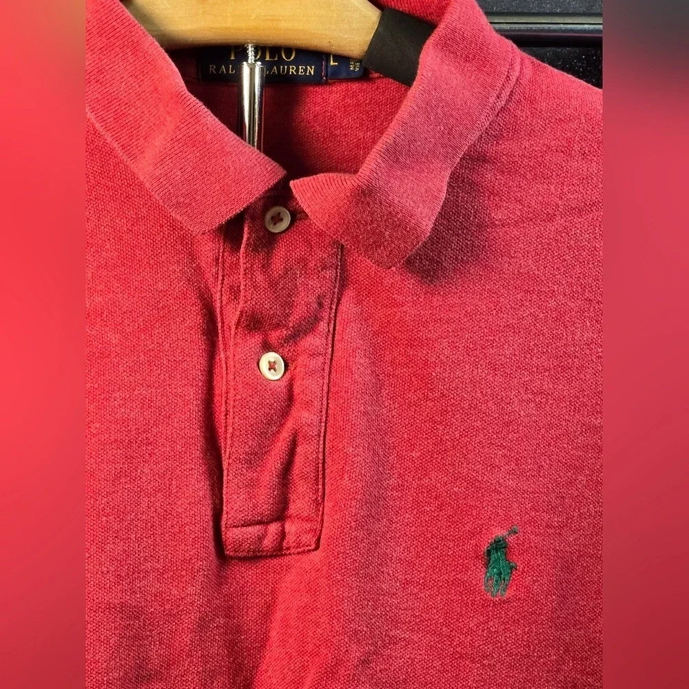 Polo Ralph‎ Lauren Mens Long Sleeve Polo Shirt Red Pique Cotton Pony Logo Large